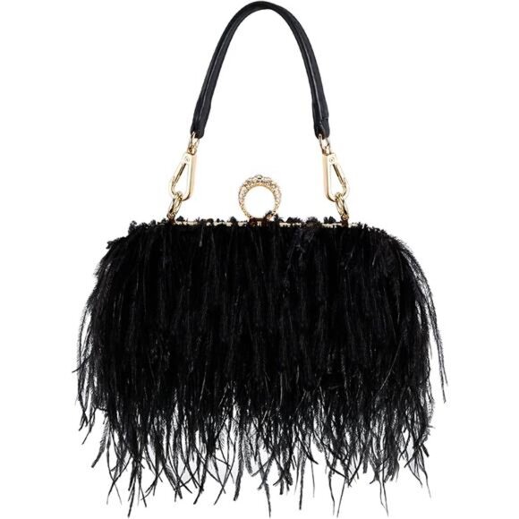 Women Ostrich Feather Tote Bag Fluffy Black